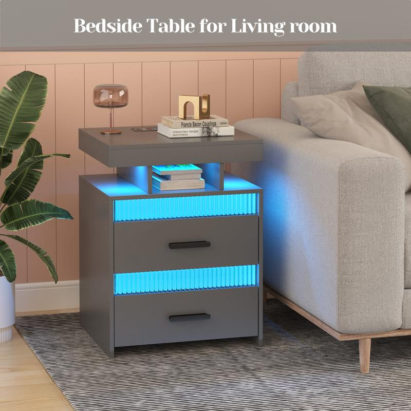 Gray Nightstand with Charging Station, Modern Night Stand with 2 Drawers, Bedside Table with 24 Colors LED Lights and Human Sensor for Bedroom/Livingroom