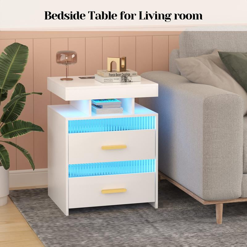 Gray Nightstand with Charging Station, Modern Night Stand with 2 Drawers, Bedside Table with 24 Colors LED Lights and Human Sensor for Bedroom/Livingroom